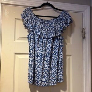 J. Jill Ruffled Off-Shoulder Blouse in Blue & White XL